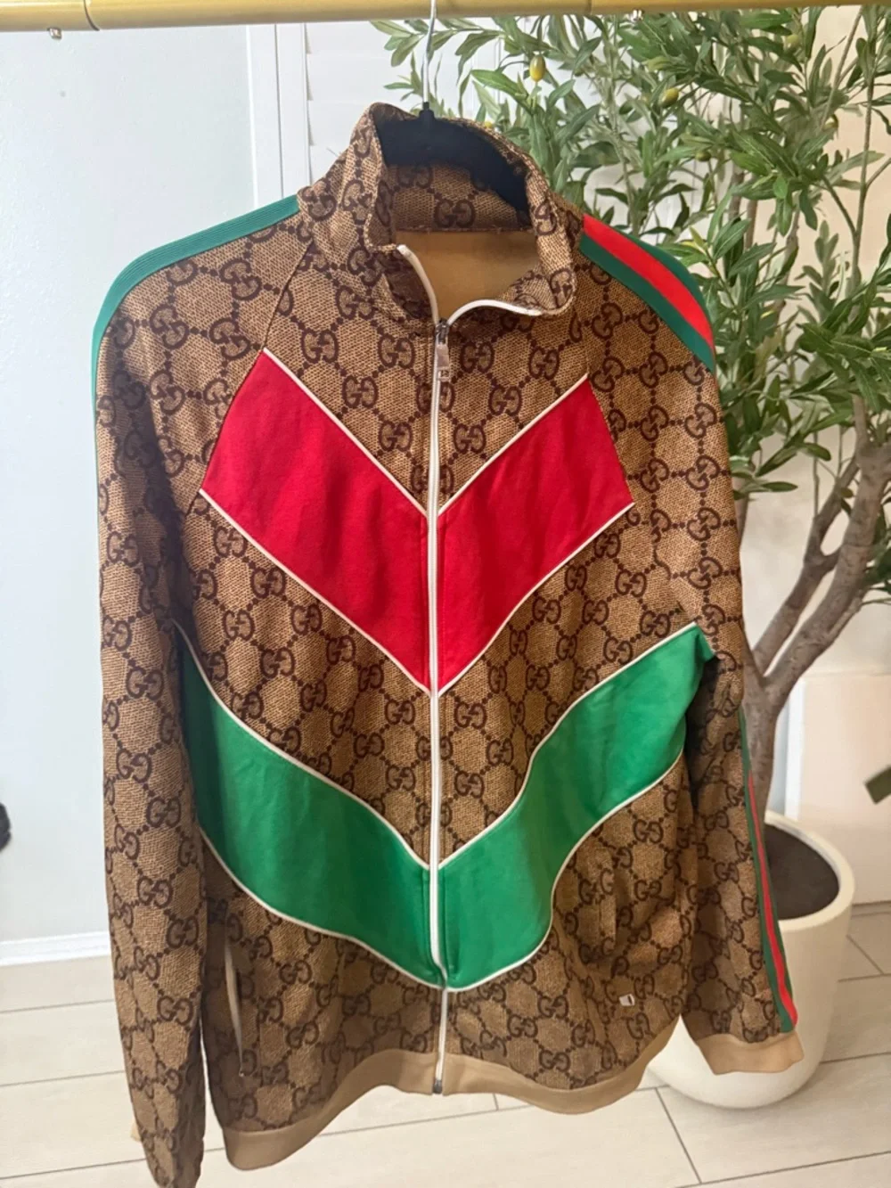 Preloved Gucci GG Monogram Track Jacket with Red & Green Chevrons size xl